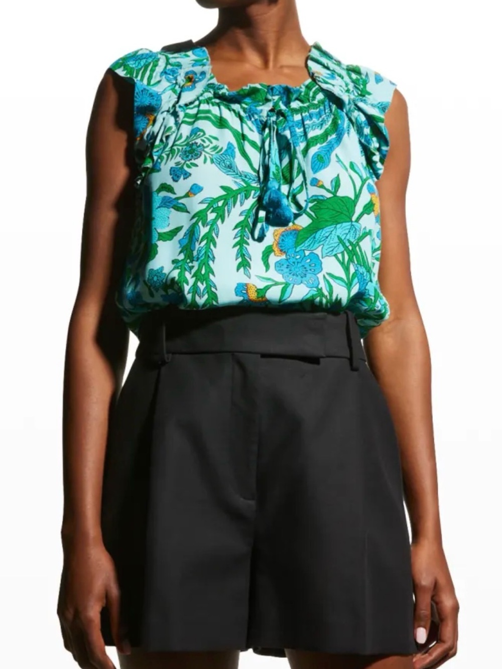FIGUE sleeveless Blouse Tropical Floral Ruffle Blue Green Top Size M